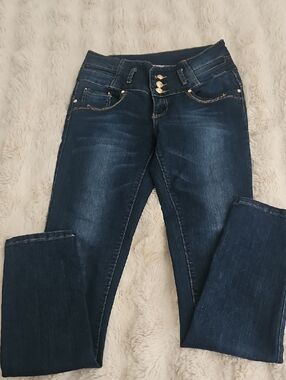 Dark Blue Womens Stretch Skinny Jeans With Gold Button Detail